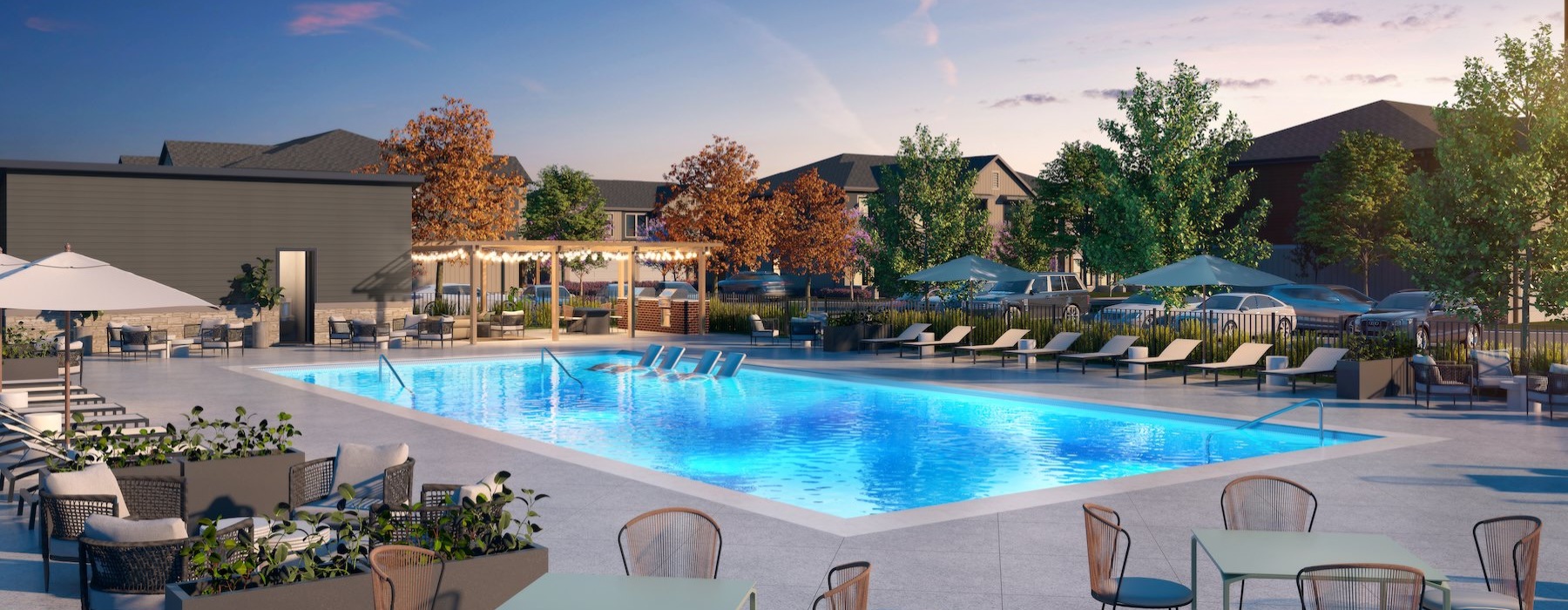 a pool with chairs around it